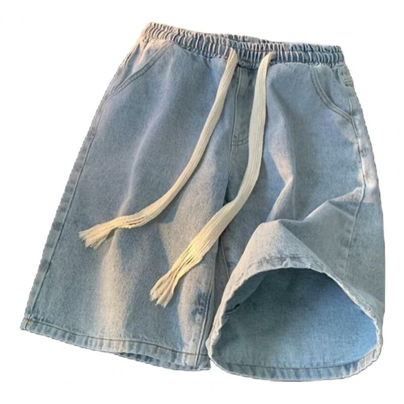 Men Wide-leg Denim Shorts Men's Elastic Drawstring Denim Shorts with Pockets for Summer Beach Casual Wear Quick-drying Wide Leg