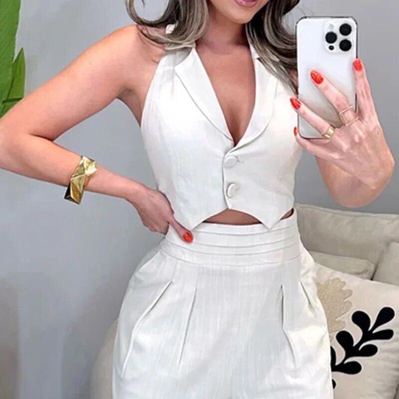 Pants Sets Women Vest Sleeveless Turn Down Collar Crop Top Sexy Pencil Pants Cardigan Two Pieces Pockets High Street Slim Fit