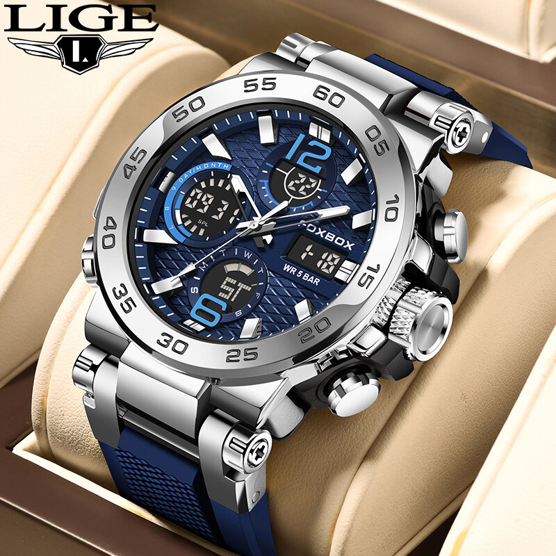 LIGE-Relógios de pulso de luxo LCD masculino, relógio esportivo luminoso, relógio masculino quartzo militar à prova d'água, 2023