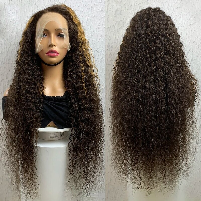 Perruque Lace Front Wig Deep Wave naturelle, cheveux humains, brun, balayage blond, 13x4, pre-plucked