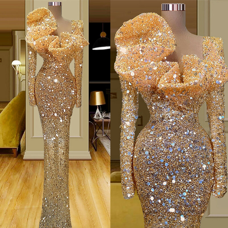 Luxurious Fashion Beading Evening Dresses For Women Fashion Square Neck Long Sleeves Female Shoulder Simple Mopping Prom Gowns