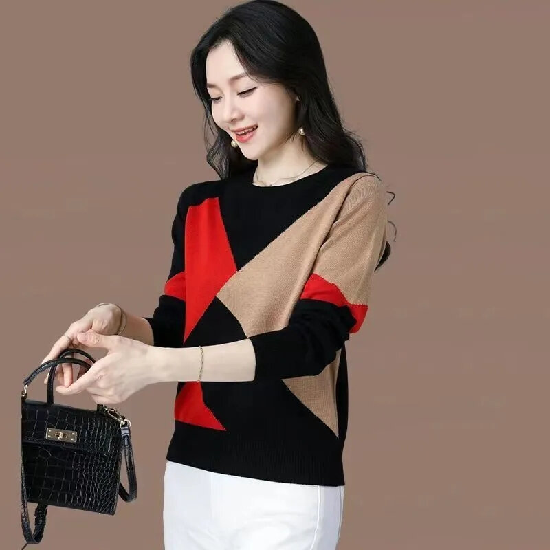 Elegant Fashion O-Neck Splicing Contrast Colors Knitted Pullovers for Women 2023 New Long Sweaters Sleeve Top Women's Clothing