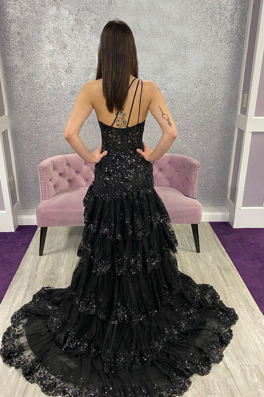 2024 Women's One Shoulder Tiered Lace Tulle Prom Dress Sleeveless High Split Long Mermaid Evening Dresses Formal Party Gowns