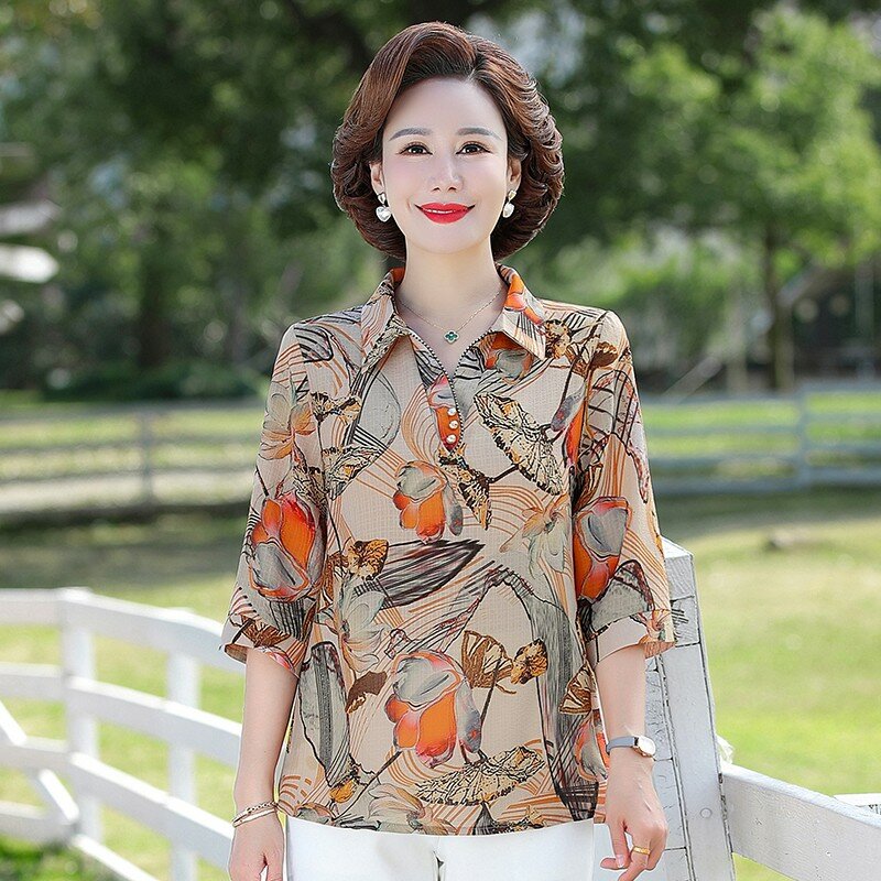 Casual Vintage Female Printed 3/4 Sleeve Tops Summer Loose All-match Turn-down Collar Button T-shirt Fashion Women's Clothing