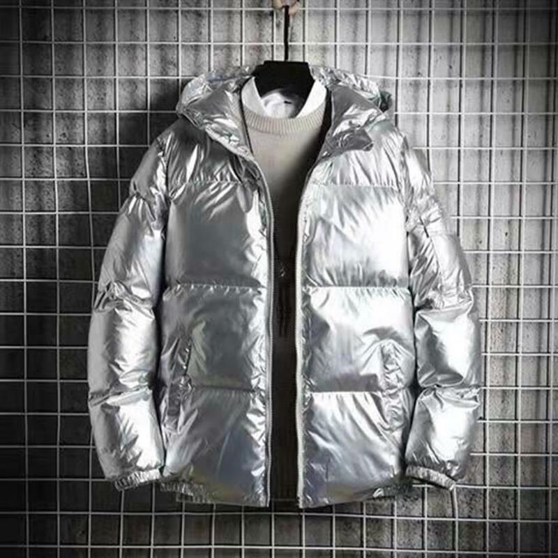 Jaqueta masculina superfície brilhante algodão acolchoado outono inverno à prova de vento manguito elástico com capuz engrossar casaco streetwear