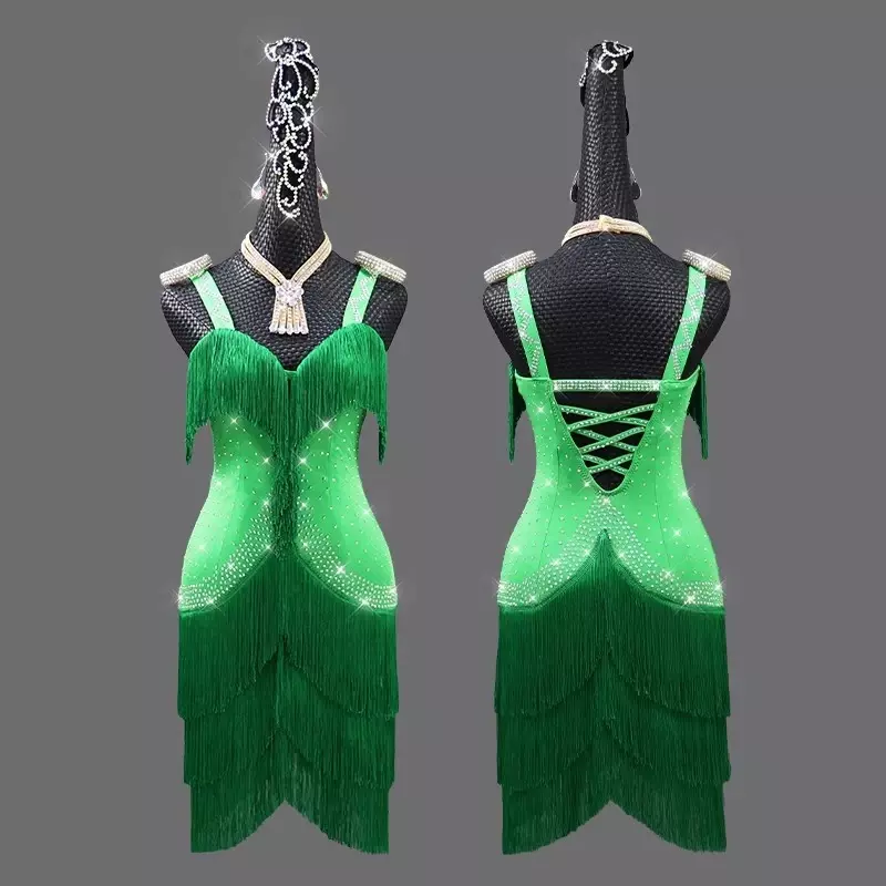 Green Latin Dance Dress Sexy Adult Women's Party Performance Girl Kids Skirts Ball Practice Wear Prom Costume Ladies Line Suit