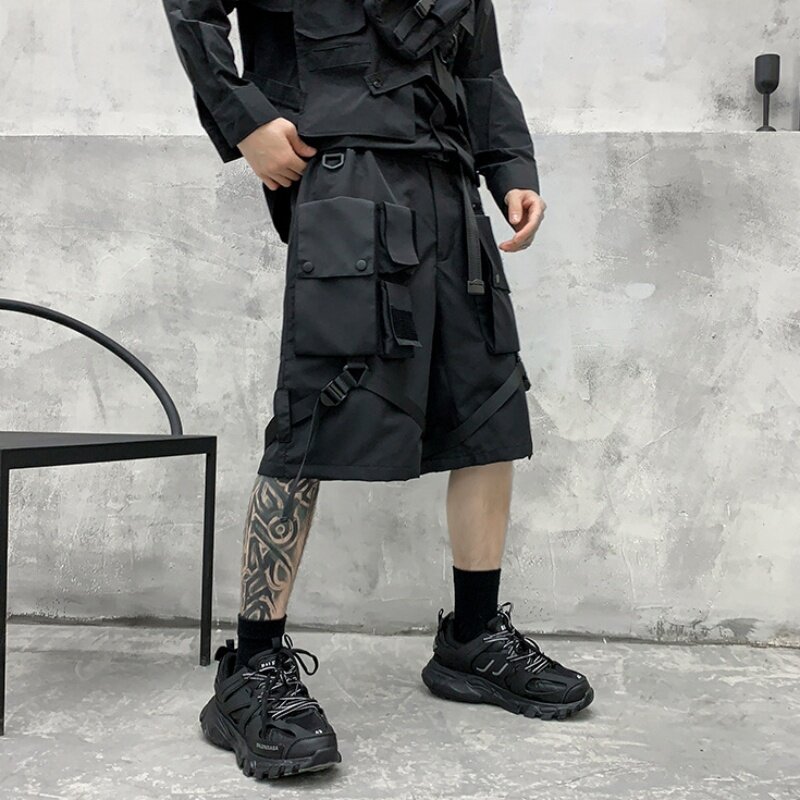 Calça de carga tática de rua alta com bolso múltiplo masculina, estilo Y2K Techwear, calça reta cortada, verão, 2022
