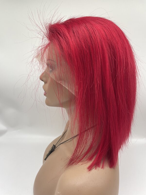 N.L.W wig rambut manusia renda depan warna merah 13*4 wig manusia Bob lurus pendek 12 inci rambut depan untuk wanita dengan kepadatan 180%