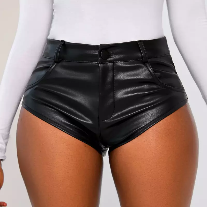High Waist Women's Short Shorts 2022 Summer PU Leather Hole Irregular Elastic Ladies Skinny Sexy Nightclub Super Short Pants