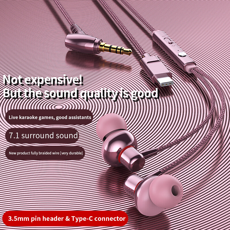 Metal Wired Mobile Headset With Microphone Headset Bass Phone Game Earbuds Stereo Braided Wire Headset Noise Reduction