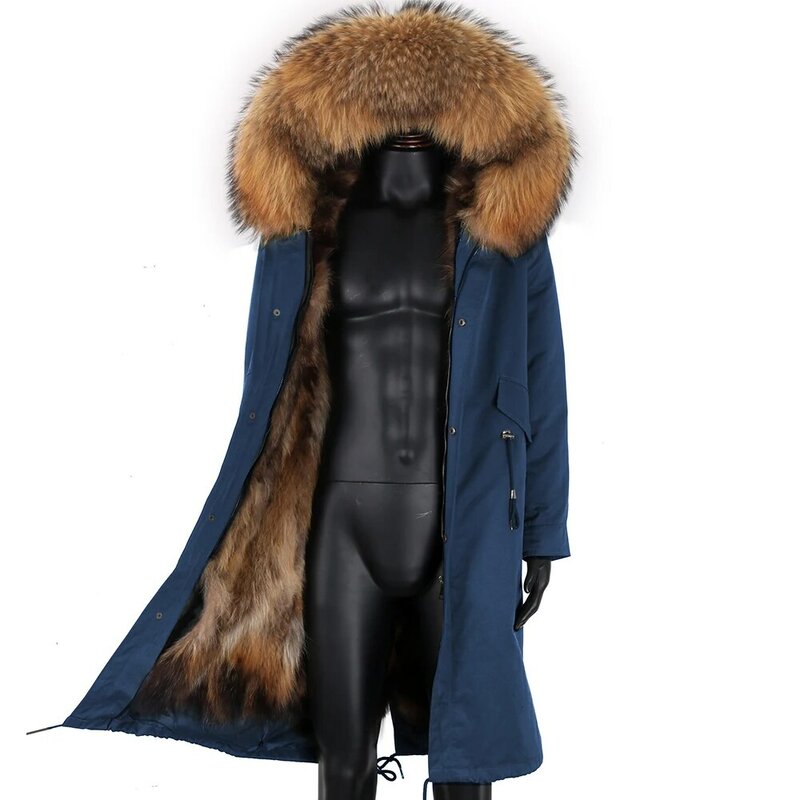 Hot Sales Russian Men Long Fashion Real Raccoon Fur Liner Winter Jacket Natural Raccoon Fur Collar Hooded Thick Warm Streetwear