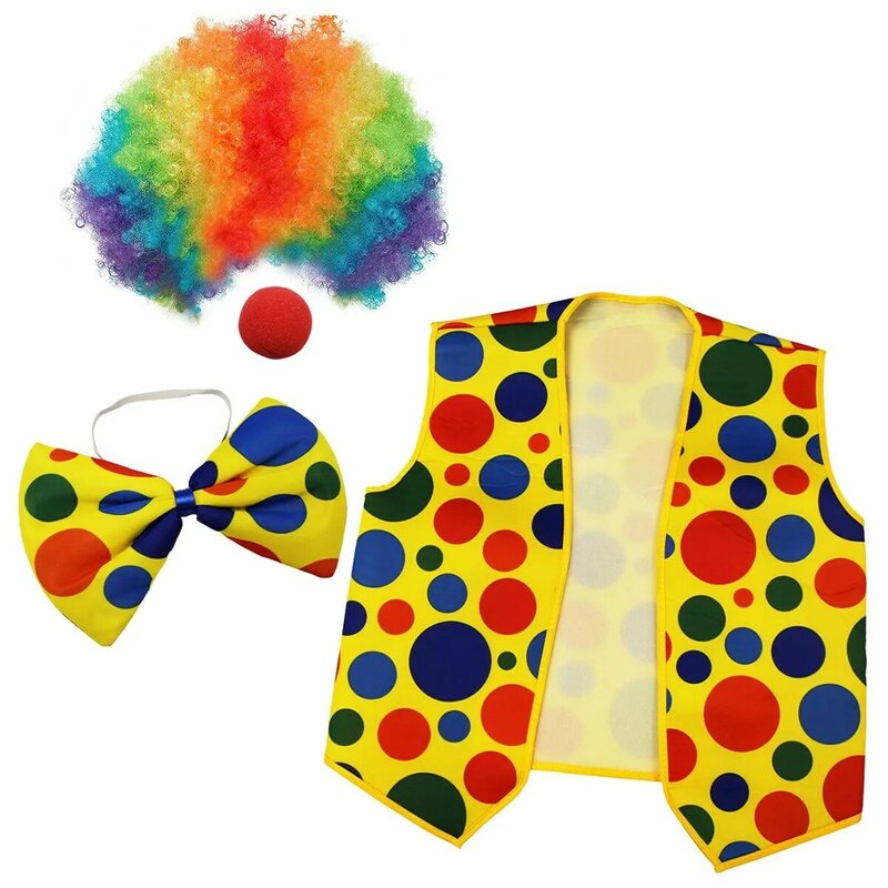 4-pakowa muszka i kamizelka z peruką dla klauna kostium klauna na imprezy Cosplay karnawałowe element ubioru do odgrywania ról