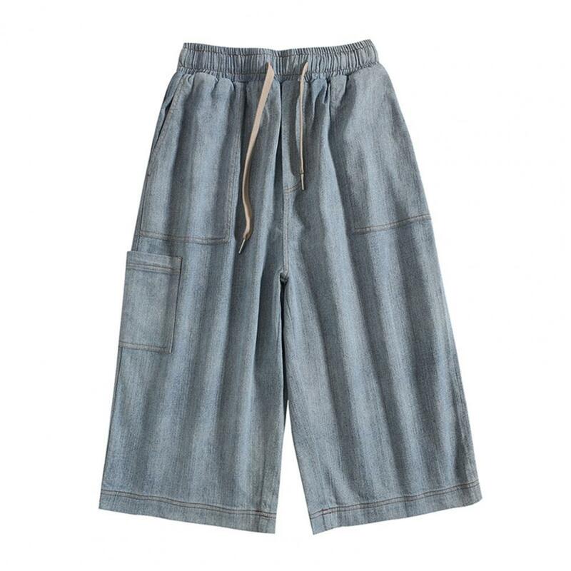 Celana panjang kargo pria, Jeans longgar kaki lebar lurus celana pendek Denim tali selangkangan dalam pinggang elastis musim panas