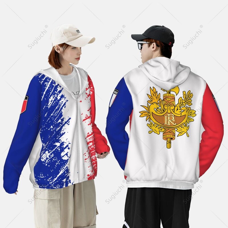 France Flag Grain Sun Protection Hoodie Sunscreen Clothes Fishing Cycling Running Quick Dry Long Sleeve With Zipper Polyester