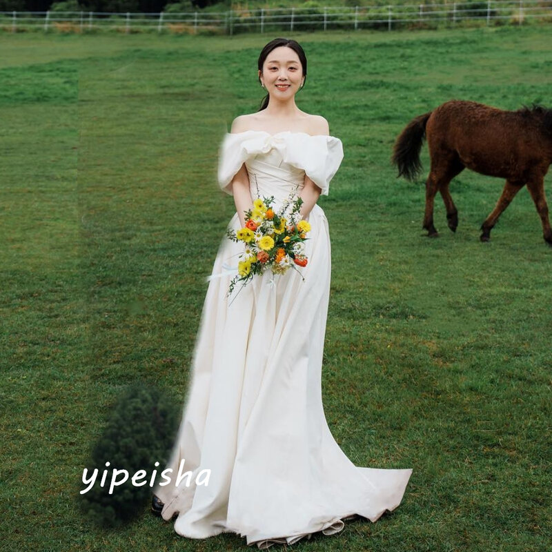 Elegante vestido de baile fora do ombro, Coreia, simples, festa de casamento, comprimento do chão, charmeuse es