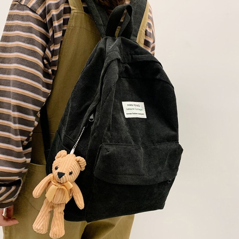 Women Casual Corduroy Backpack with Pendant School Bag Travel College Daypack Female Girls Rucksack Handbags