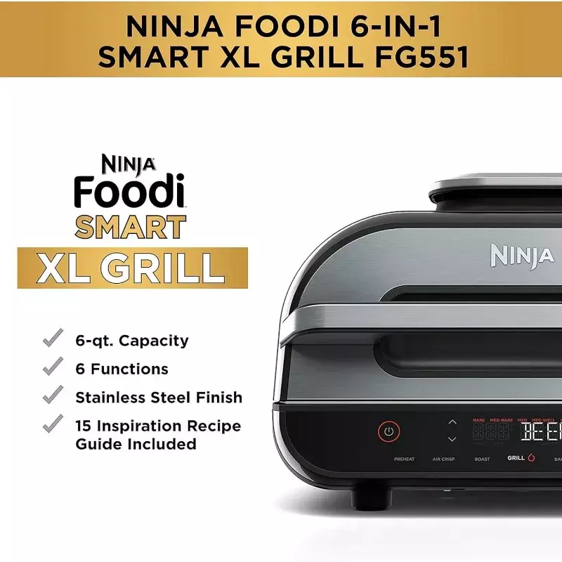 Ninja Foodi-griglia da interno con frittura ad aria, arrosto, cuocere, arrostire e disidratare, termometro intelligente, nero e argento, Foodi, XL, 6 in 1