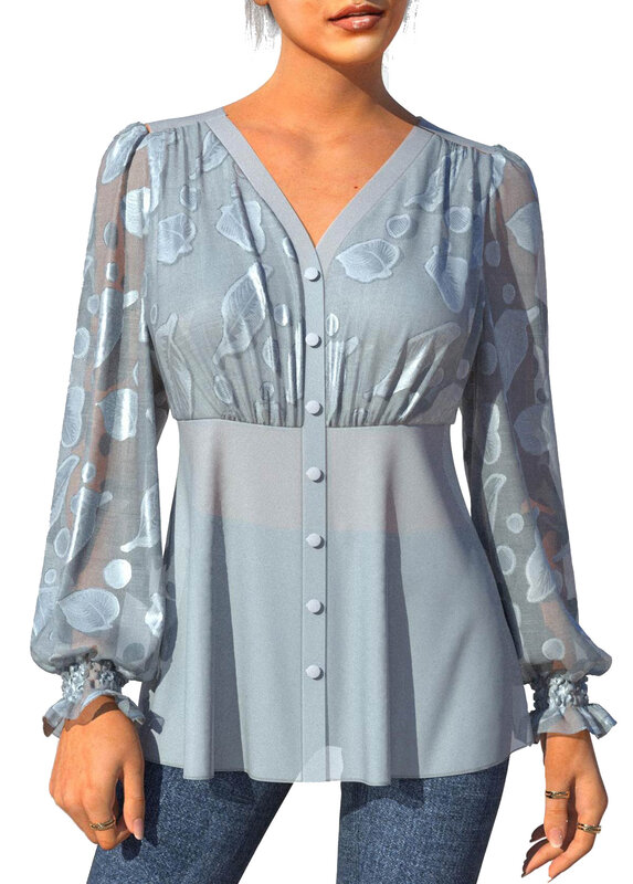 Женская шифоновая блузка с длинным рукавом, жаккардовая рубашка с V-образным вырезом и длинными рукавами-фонариками, новинка 2022