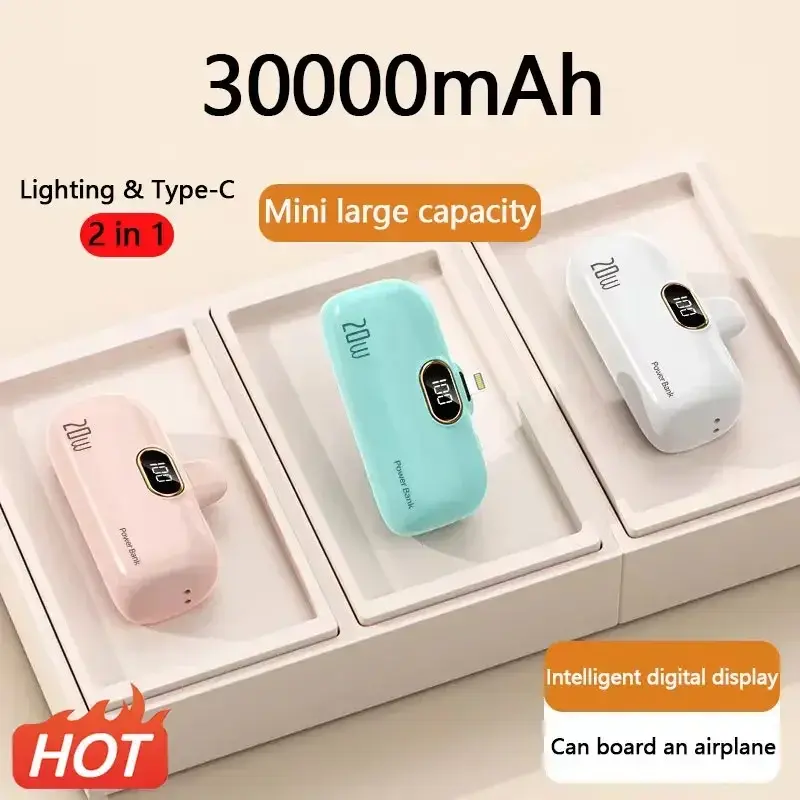 30000mAh bezprzewodowy Power Bank Mini kapsułka szybko ładująca mobilny zasilacz awaryjny zewnętrzny akumulator typu c iPhone