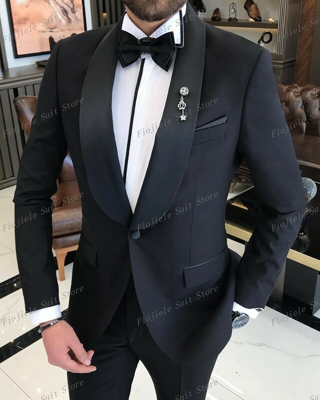 Navy Blue Men Black lapel Formal Occasion Business Suit Groom Groomsman Wedding Party Prom Male Tuxedos 2 Piece Set Blazer Pants