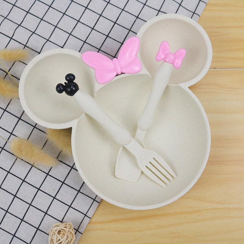 3Pcs/set Cartoon Baby Bowl Tableware Set Wheat Straw Children's Dishes Kids Dinner Feeding Plate Bowknot Food Plate Spoon Fork