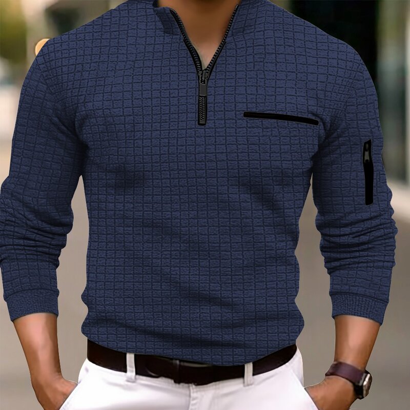 New spring and autumn men's checkerboard checkered POLO shirt zip-up collar sports polo shirt