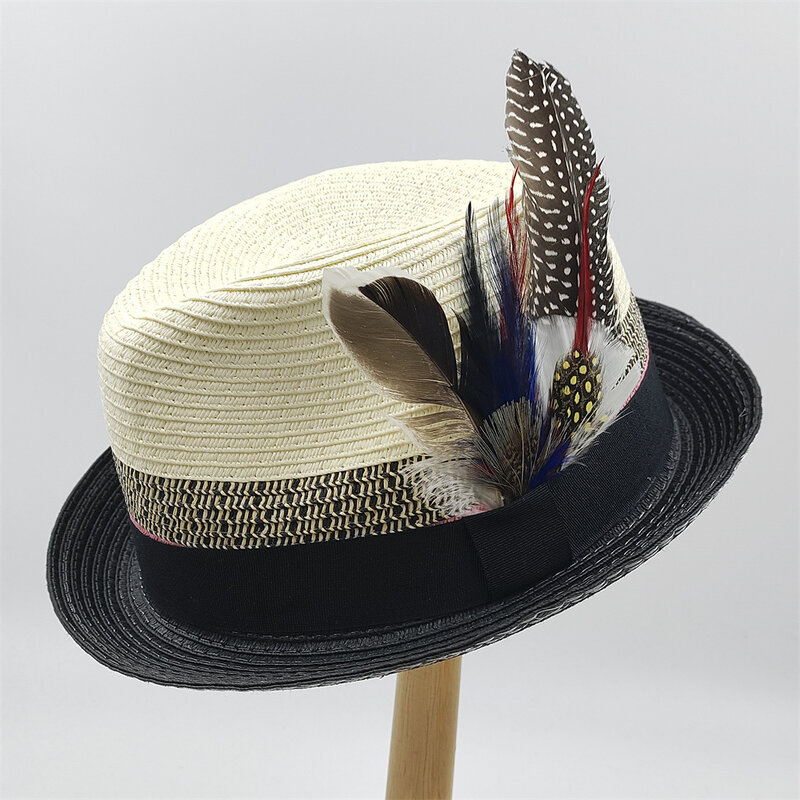 Sombrero de paja de ala rizada de plumas Vintage para hombre, sombrero de paja panamá con cinta de Jazz de lujo, moda 2023