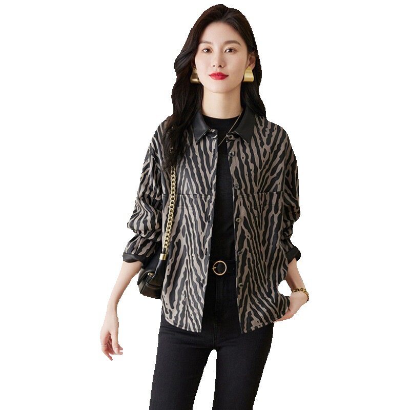 Ji Xin jaket kulit asli wanita, jaket pas longgar kulit tunggal bercetak pendek kulit domba