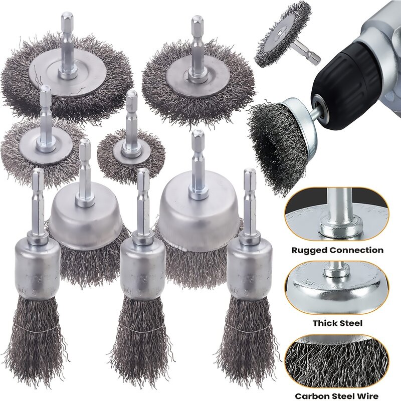 Wire Brush Wheel Cup Brush Set 10 Pack,Wire Brush for Drill 1/4 Inch Hex Shank 0.012 Inch Coarse Carbon Steel Crimped Wire Wheel