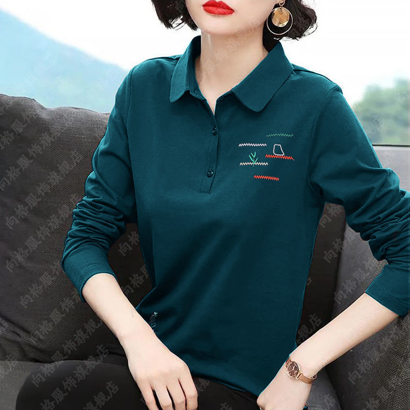Elegante Mode Borduren Lange Mouwen T-shirt Voorjaar Vrouwen Kleding Koreaanse Casual Effen Kleur Knop Polo-Hals Truien Tops