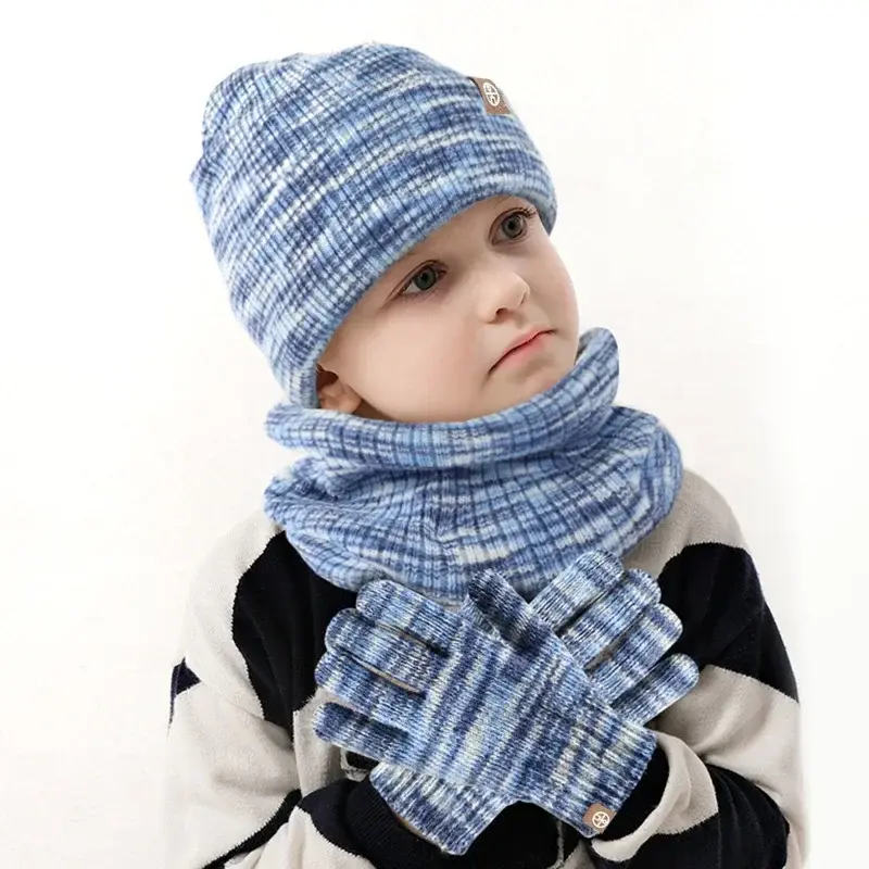 3pcs Winter Set for Children Knit Striped Beanies Kids Scarf Double Layer Plush Lining Winter Hat Snood Gloves Set for Girl Boy