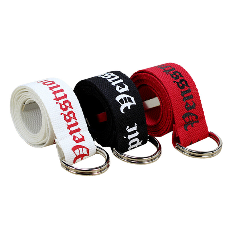Cinture di tela Unisex lettere stampate anello a D doppia fibbia cinturino in vita Punk donna uomo adolescente catene lunghe e larghe Decorative