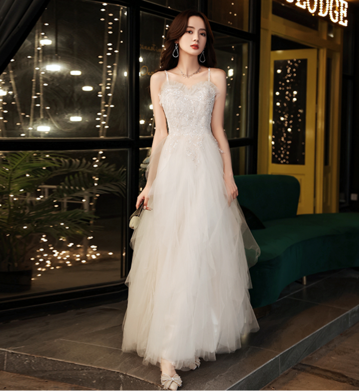 Women Evening Prom Party Dress White Sleeveless A-line Sequin Mesh Wedding Bridesmaid Long Dresses Strap Vestidos 2023 Clothing