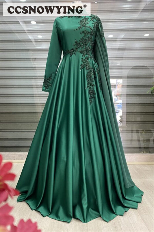 Атласные вечерние платья в мусульманском стиле с аппликацией и длинным рукавом, хиджаб, исламские официальные платья для женщин, Арабский кафтан, платье для вечеринки