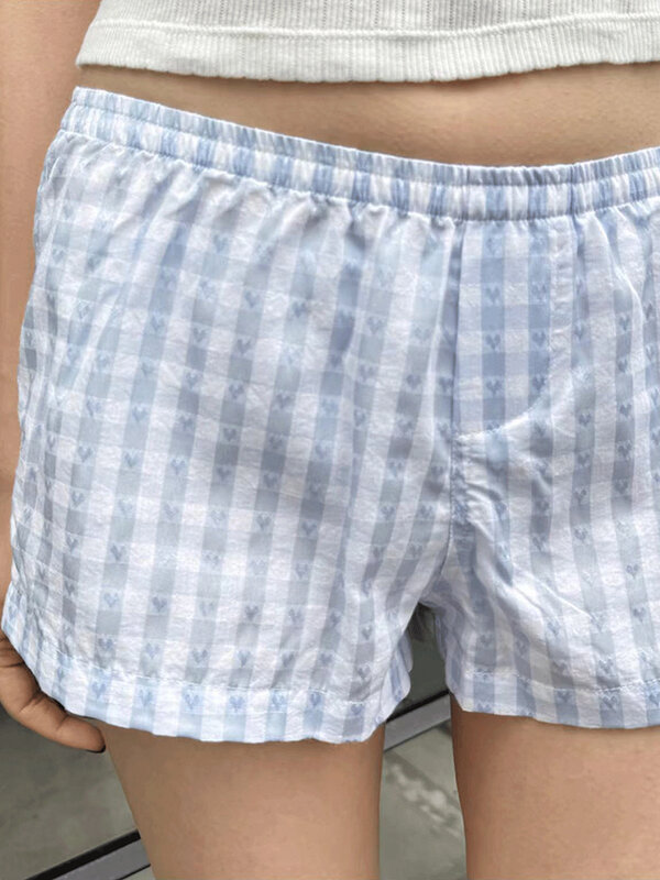 Blue Heart Plaid Casual Shorts Frauen Sommer elastische hohe Taille Baumwolle gerade kurze Hosen süße Mädchen Vintage Home Unterwäsche
