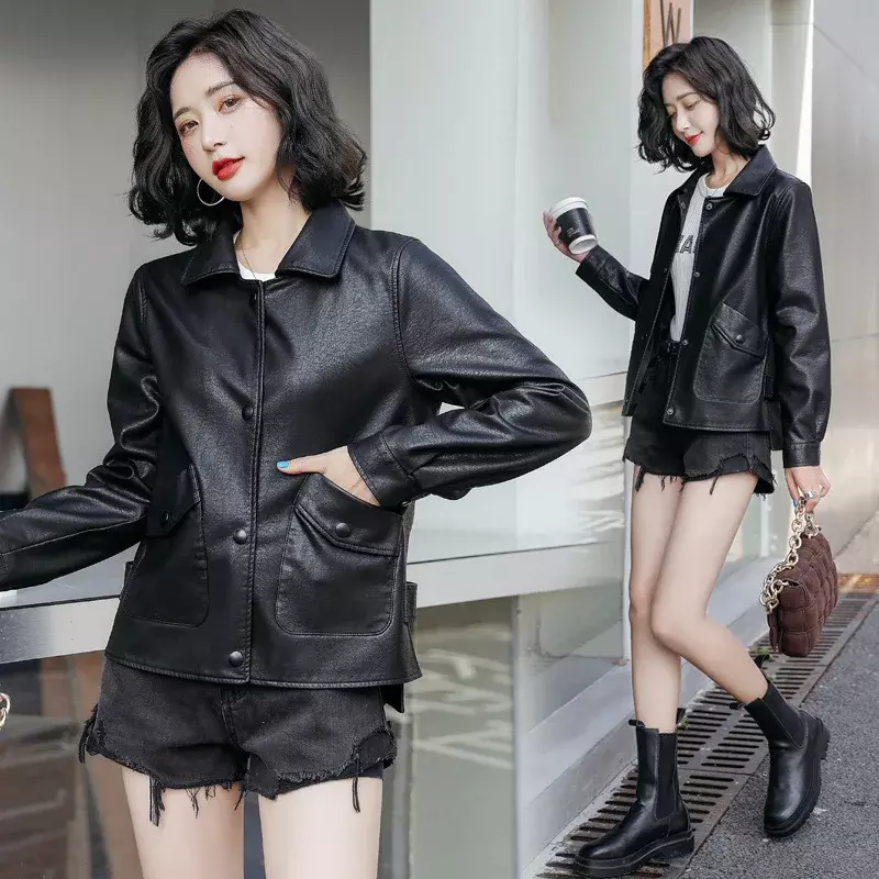 Korean Leather Jacket Women 23 Spring Fall Black Coat Fashion Casual Motocyle Jackets Woman Clothing Trendy Style Chaqueta Mujer