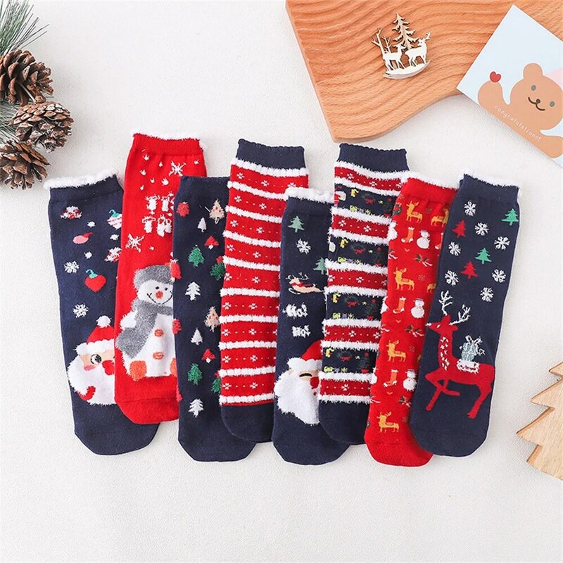 Милые рождественские носки 1 пара, удобные мягкие коралловые плюшевые толстые теплые Мультяшные эластичные рождественские носки для детей и родителей