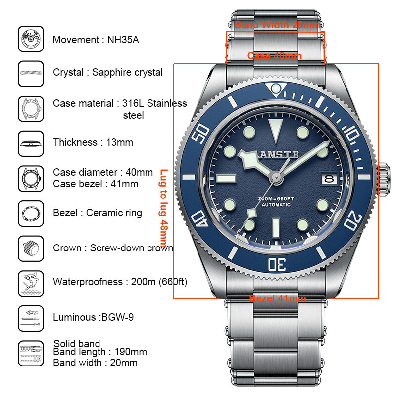 LANSTB-new luminous watch for men, sapphire, stainless steel, waterproof, NH35 automatic movement, fashion, luxury watches
