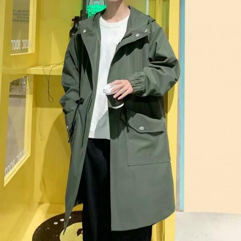 Abrigo de manga larga con cremallera para hombre, gabardina con capucha y bolsillos grandes, diseño a prueba de viento, longitud media, sólido