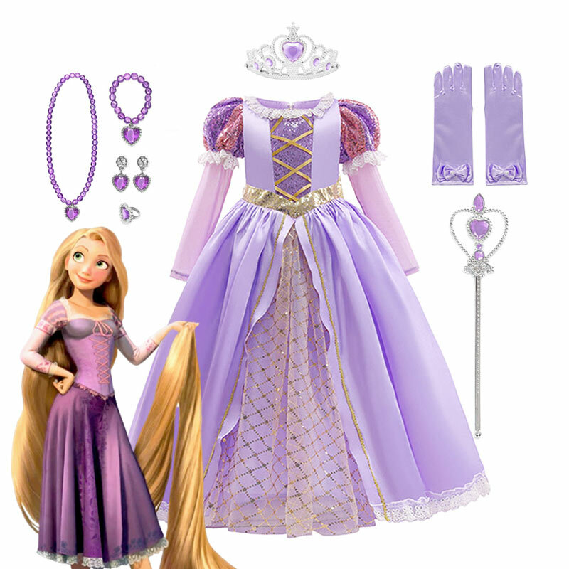 Платье Принцессы Диснея Рапунцель для детей, день рождения, карнавал, вечерние эллоуин, нарядная одежда для девочек, косплей, спутанный костюм, комплект