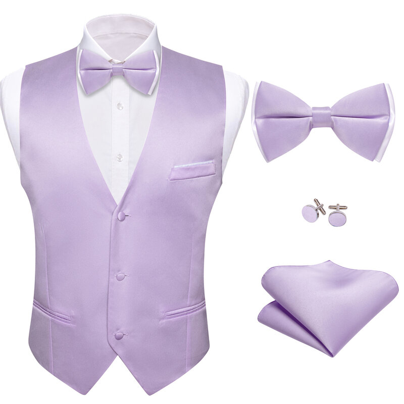 Luxuey Silk Vest for Men Purple Solid Plain Wedding Waistcoat Bowtie Set Party Formal Waiter V Neck Sleeveless Jacket Barry Wang