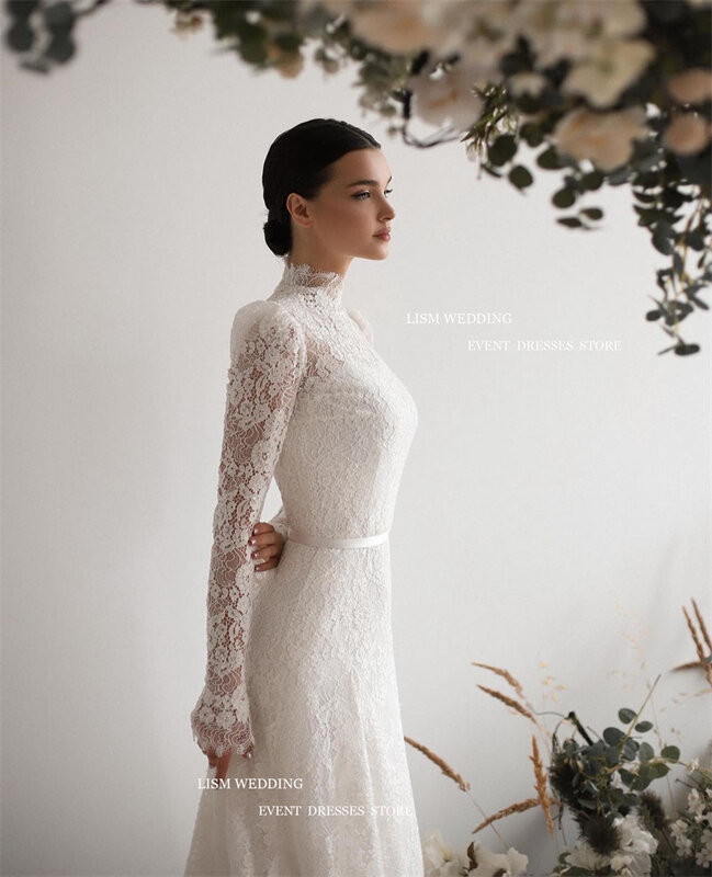 Lism ชุดแต่งงานลูกไม้วินเทจเสื้อคอยาวสูงนางเงือกความยาวพื้นรถไฟกวาดชุดเจ้าสาว vestidos de novia 2024