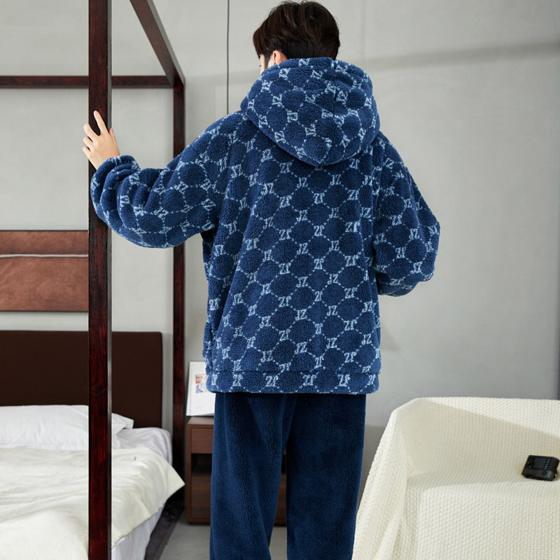 Men's Winter Pajamas Warm Sleepwear Home Suit Coral Fleece Autumn Plush Thicken Zipper Homewear Hooded Pajamas Sets Home Clothes