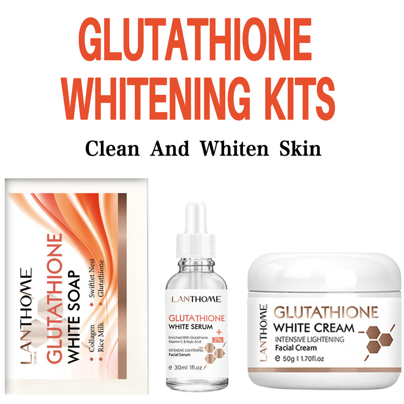 Original Lanthome Glutathione 3 Pieces Set Face Whitening Cream Serum & Deep Cleaning Soap Anti Acne Drak Spot Aging Moisturiser