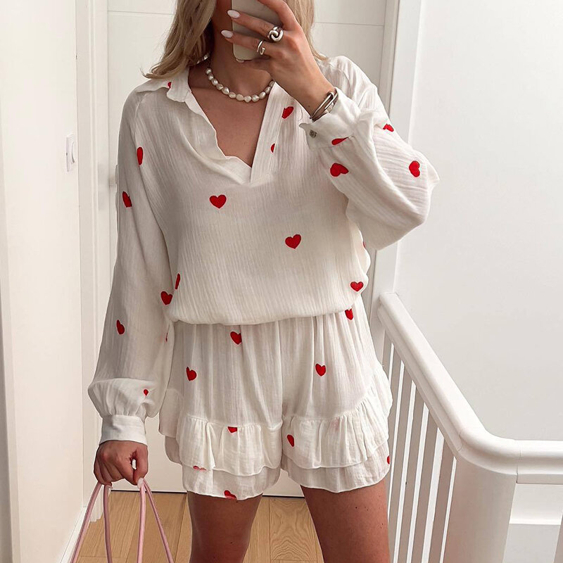 2024 Spring Love Print Holiday 2pc Sets Casual Cotton Linen V Neck Long Sleeve Suit Women's Fashion Pleated Shorts Beach Outfit