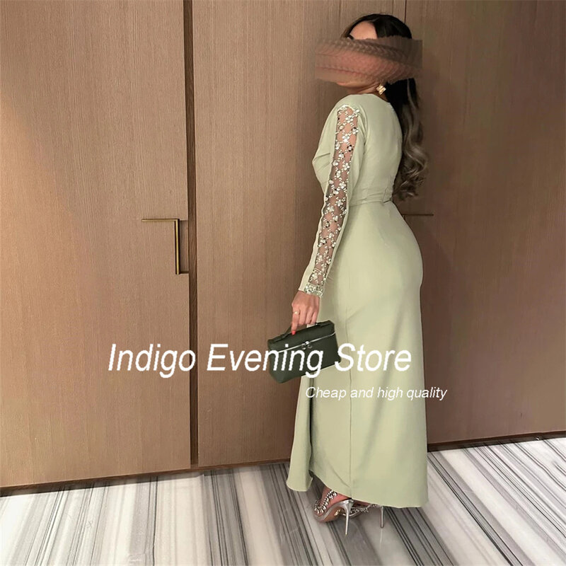 Indigo Prom Dresses Mermaid Long Sleeve V-Neck Sequin Pleat Satin Split Ankle-Length Elegant Evening Gown For Women فساتين الس