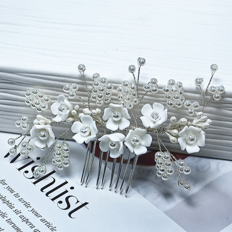 Peine de pelo de flores de cerámica de perlas adornadas nupciales brillantes para boda