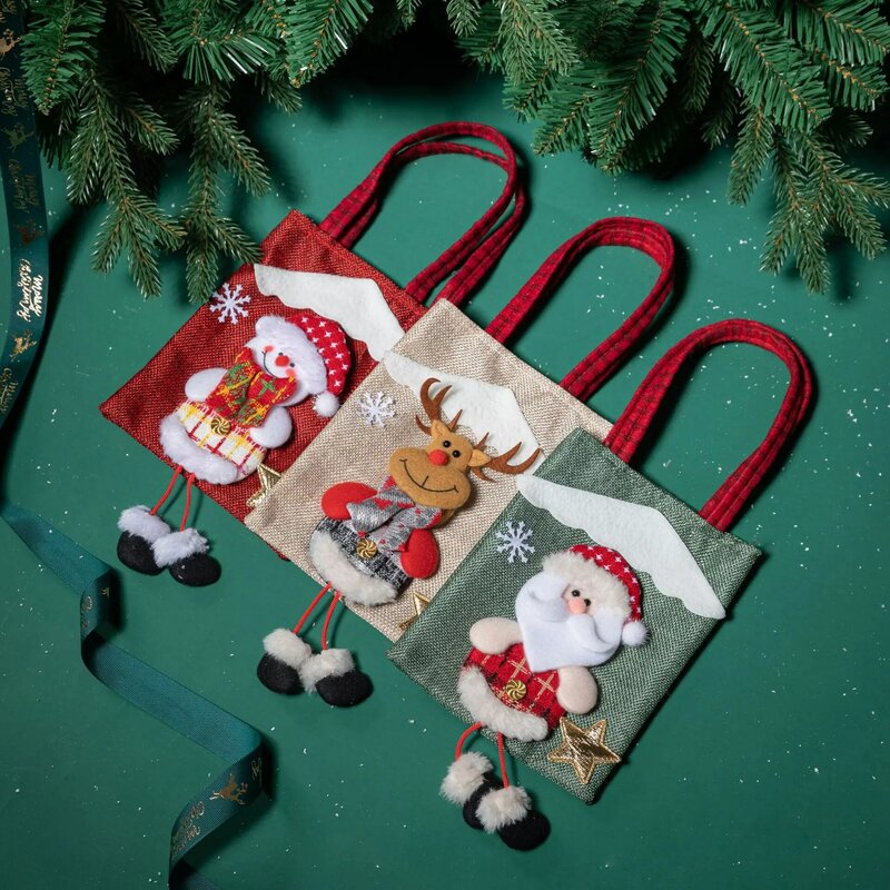 Christmas Linen Embroidery Tote Bag Xmas Children's Gift Bag Santa Claus Snowman Elk Candy Bag Merry Christma Decor Storage Bag