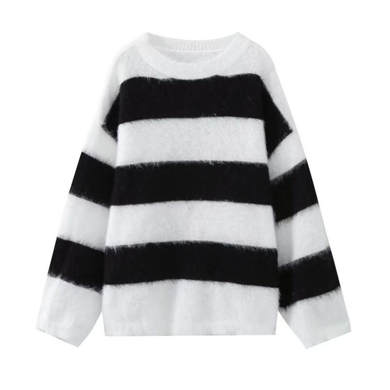 Cozy Oversized Pullover Women Knit Sweater Cozy Drop-shoulder Knit Sweater for Women O Neck Striped Pullover Top with for Fall