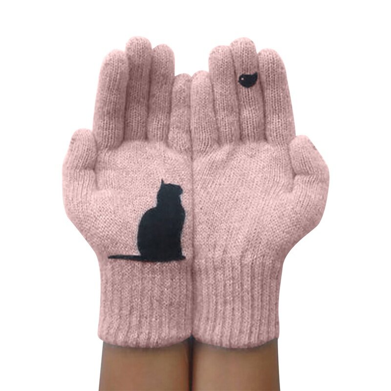 Зимние перчатки для мужчин и женщин, теплые трикотажные перчатки с принтом милого кота и птицы для подростков, ветрозащитные зимние теплые мягкие